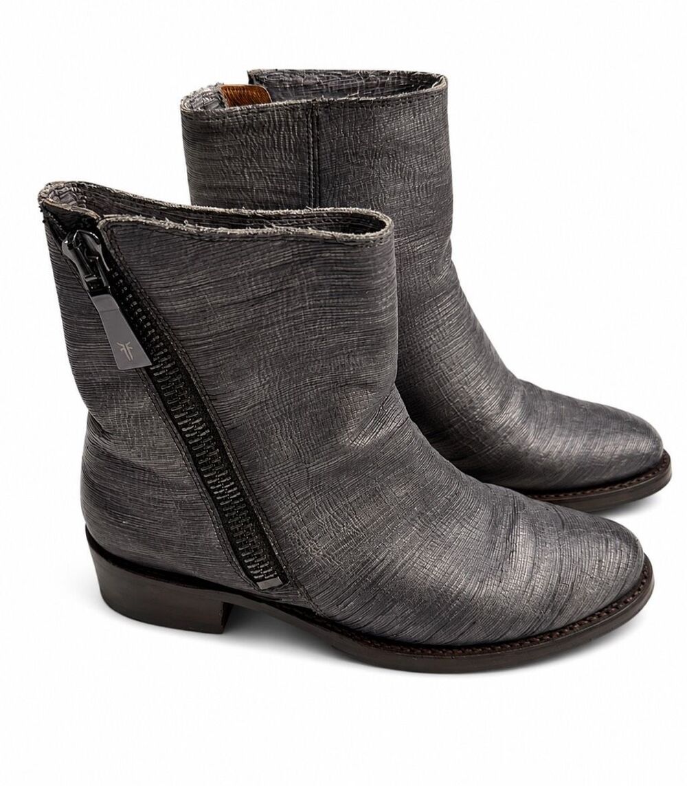 Frye Demi Zip Pewter Cut Metallic Leather Ankle Booties Women’s Size 7 B